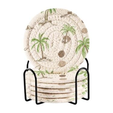 Imagem de GakkiGii Conjunto de 6 porta-copos redondos absorventes de palmeira Sketch com suporte, porta-copos de tecido para mesa de centro, bar, decoração de cozinha
