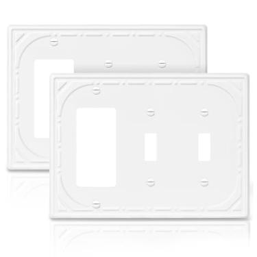 Imagem de Combinação de metal para interruptores de luz, placa de parede, 2 interruptores/1 placa decorativa para tomada branca 3 placas de parede - estilo retrô clássico, pacote com 2