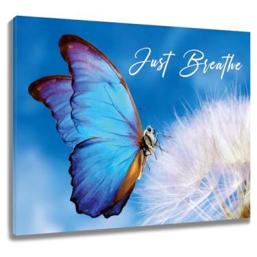 Imagem de SCECALA Arte de parede de dente-de-leão de borboleta azul fantasia arte de parede em tela floral para banheiro Just Breathe Zen Spa Yoga decoração de parede para quarto, sala de estar, escritório em