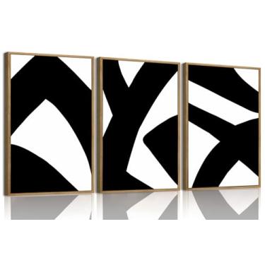Imagem de KISSFOX Arte de parede emoldurada em 3 peças, preto e branco, imagens abstratas, arte moderna e minimalista, pinturas geométricas grandes para sala de estar, quarto, escritório