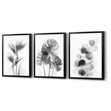 Imagem de SkenoArt Arte de parede floral preto e branco abstrato preto cinza flores folha arte de parede para sala de estar quarto banheiro decoração pronto para pendurar 30,5 x 40,6 cm x 3 cm