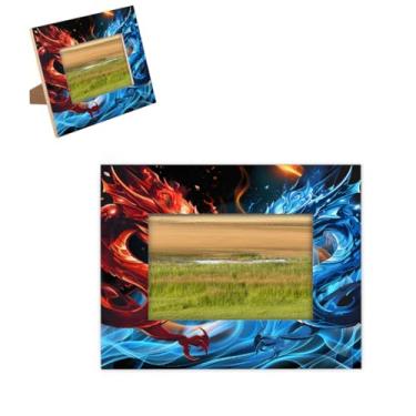 Imagem de hongjinglin Porta-retrato de 10 x 15 cm, dragão de madeira, vermelho, azul, molduras legais com tapete de parede e mesa, moldura para pendurar na parede para decoração de casa e amigos da família