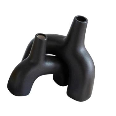 Imagem de FLCPJGV 2x Vaso moderno Vaso decorativo Presentes de aniversário Arranjo de flores Vaso de flores de cerâmica para prateleira Lareira Sala de estar Café, Preto