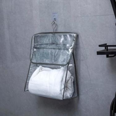 Imagem de Bolsa de armazenamento impermeável para banheiro, bolsa de armazenamento transparente, design com vários bolsos para itens essenciais do dia a dia, branco e cinza