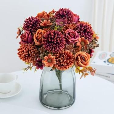 Imagem de Flores artificiais 6 cabeças bola de outono crisântemo rosa-9614(Pôr do sol vermelho-2S)