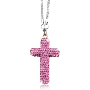 Imagem de Acessórios de espelho retrovisor de carro cruz com glitter, strass, decoração de espelho retrovisor, cristal, rosa, cruz, enfeite para pendurar carro, cristão, novo motorista, veículo automotivo