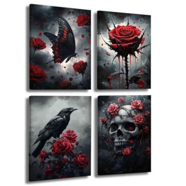 Imagem de LZIMU 4 peças de arte de parede gótica romântica rosa imagem corvo corvo borboleta caveira impressão em tela escuro gótico terror estético pintura preto branco decoração de casa Halloween (vermelho