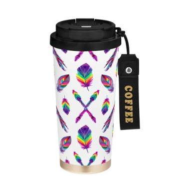 Imagem de STAYTOP Caneca de café colorida tribal com isolamento térmico de penas de 500 ml, copo de café reutilizável de aço inoxidável com tampa flip à prova de vazamento à prova de vazamento para escritório