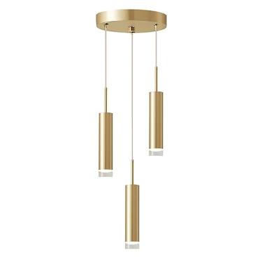 Imagem de Luminária pendente cilíndrica dourada de 3 lâmpadas para ilha de cozinha, com acabamento em latão escovado, design tubular longo, estilo industrial/rústico, ajustável.
