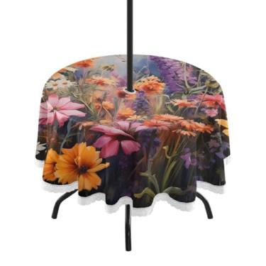 Imagem de CEBUGI Toalha de mesa redonda para uso ao ar livre, flores silvestres, impermeável, com furo Umberlla, capa de mesa lavável para pátio, cozinha, sala de jantar, 152 cm