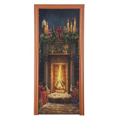 Imagem de Wassud Capa de porta de Natal para decoração de banner 89 x 199 cm grande lareira de Natal quente e elástica para porta interna para varanda e porta da frente