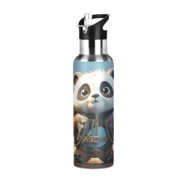 Imagem de Wassud Garrafa de água Panda Space Explorer Garrafa de água esportiva de aço inoxidável com canudo garrafas de água isoladas copo portátil de viagem 623 g