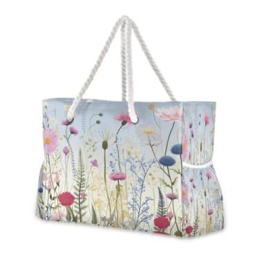 Imagem de Wassud Bolsa de praia colorida floral primavera grande bolsa de praia para mulheres, impermeável, à prova de areia, bolsa de viagem com zíper e bolso para piscina, academia, acampamento