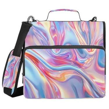 Imagem de Fichário de zíper com padrão de folha de estanho pintado de arco-íris com alça e alça de ombro, fichários de 3 anéis de 3 cm