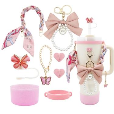 Imagem de Conjunto de acessórios de copo Stanley para copo de 1,134 g e 850 g, incluindo alça de alça de garrafa de água, chaveiro de laço, anel de copo, botas de silicone brilhante, topo de palha de borboleta