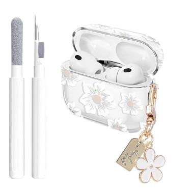 Imagem de Aircawin Capa transparente para Airpods Pro 3, design bonito de camélia branca para Airpods Pro 3, acessórios de pele de TPU macio à prova de choque com chaveiro de flor feminina e caneta de limpeza