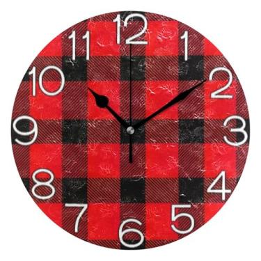Imagem de GAIGEO Relógio de parede analógico decorativo relógio de cozinha bonito funky alimentado por bateria, arte de parede boho decoração de casa xadrez búfalo preto vermelho, 25 cm, ponteiros dourados