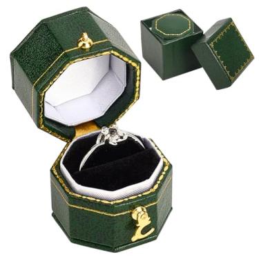 Imagem de MAYJOYDIY Caixa de anel vintage verde escuro octogonal caixa de joias 3,44 x 3,8 x 3,8 cm caixa de anel de papelão com pequeno suporte de joias de veludo para noivado casamento aniversário aniversário