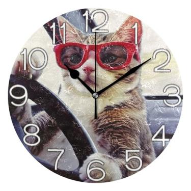 Imagem de GAIGEO Relógio de parede analógico decorativo funky alimentado por bateria relógio de cozinha fofo, decoração de parede retrô moderna art déco, motoristas de gatos, animal engraçado, 25 cm, ponteiros
