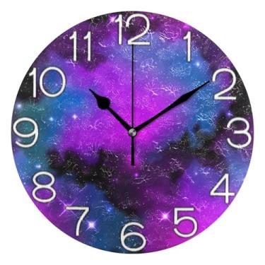 Imagem de Relógio de parede analógico galáxia estrelas roxas neblina decorativo escritório cozinha relógio divertido alimentado por bateria, arte de decoração moderna de meados do século, 25 cm, ponteiros