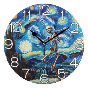Imagem de GAIGEO Relógio de parede analógico decorativo operado por bateria relógio de sala de aula, relógio de escritório retrô moderno art deco decoração de parede engraçado esqueleto estrelado, arte noturna