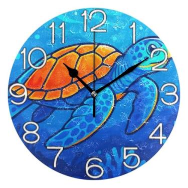 Imagem de GAIGEO Relógio de parede analógico decorativo relógio de cozinha rústico funky alimentado por bateria, decoração de parede vintage sala de estar tartaruga marinha recifes de coral azul, 25 cm
