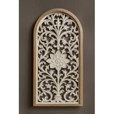 Imagem de XIAOAIKA Painel de decoração de parede vintage arqueado com moldura de madeira maciça envelhecida e design de relevo floral esculpido ornamentado, arte de parede decorativa de estilo europeu para sala