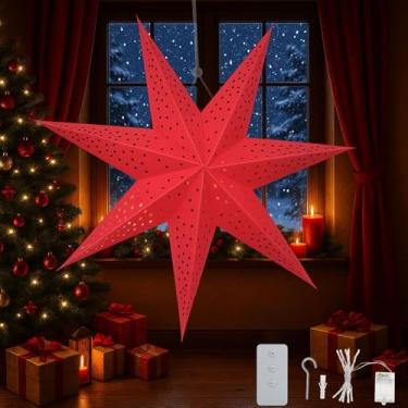 Imagem de YPGFDZYDHH Lanterna de estrela de papel de 58 cm com luzes de LED, luz de estrela suspensa de 7 pontos para Natal, casamento, aniversário, lanterna de papel 3D vermelha com orifício redondo com