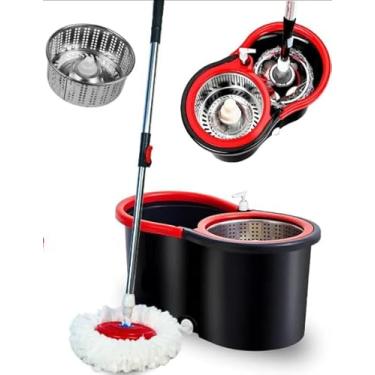 Imagem de Kit Mop Giratório 360° com Balde, 12L, Haste Ajustável 118-125cm, Refil Microfibra, Cesto Inox, Sistema Centrifugador, para Limpeza Doméstica