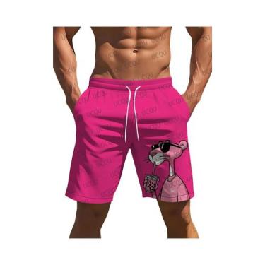 Imagem de Shorts De Praia Masculinos 3D Com Estampa De Gato Rosa, Secagem Rápida
