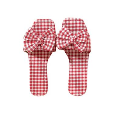 Imagem de GORGLITTER Sandálias femininas com laço xadrez xadrez bico aberto sandálias rasteiras de couro para férias de verão, Vermelho e branco., 38