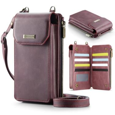 Imagem de XIMAND Bolsa carteira para celular com compartimentos para cartões de grande capacidade, bolso com zíper, alça de mão com bloqueio de RFID e ombro transversal, Vinho