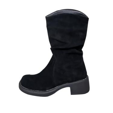 Imagem de Botas curtas femininas casuais de inverno confortáveis plus size com pregas cor sólida bico baixo cano médio botas, Preto, 34