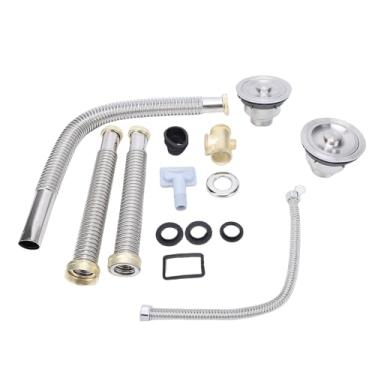 Imagem de Fafeicy Kit de Drenagem de Pia Dupla de Cozinha, Acessórios Flexíveis de Aço Inoxidável, Diâmetro de 39 Mm, Ideal para Cozinha e Banheiro