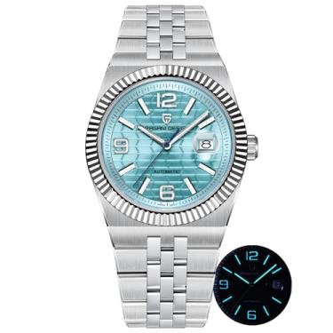 Imagem de Pagani Design Relógios masculinos analógicos, mecânicos automáticos, relógio de pulso de aço inoxidável 316L, vidro safira de 40 mm, calendário luminoso à prova d'água 100 m, Prateado, azul gelo