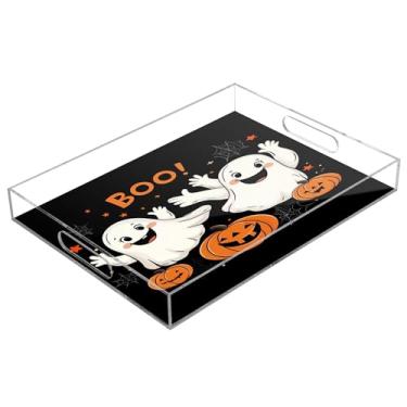 Imagem de xigua Bandeja de servir de acrílico fantasma de Halloween com alças à prova de derramamento, bandejas decorativas de festa de Halloween, bandeja organizadora de bancada para banheiro, cozinha, 30,5 x