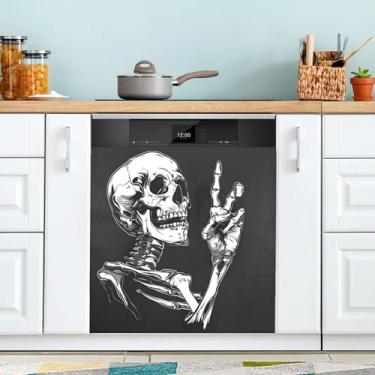 Imagem de xigua Capa magnética engraçada de esqueleto preto para lava-louças, adesivos magnéticos decorativos antiarranhões para painel de geladeira e lava-louças, decoração personalizada de cozinha doméstica