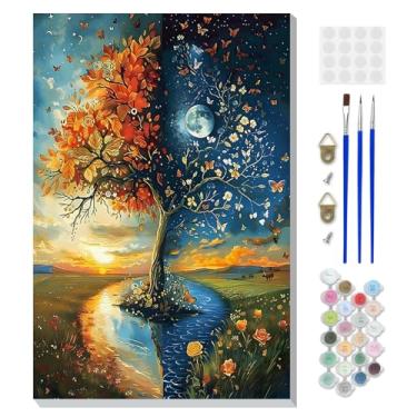 Imagem de DOMROM Pintura emoldurada por números árvore para adultos iniciantes, kits de pintura por números paisagem em tela, kits de artesanato de árvore de pintura de números acrílicos para presente decoração