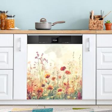 Imagem de SEHANY Capa magnética colorida de campo silvestre para lava-louças, adesivos magnéticos decorativos antiarranhões para painel de geladeira e lava-louças, decoração de flores de fazenda de cozinha