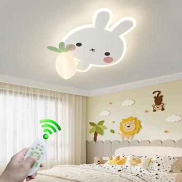 Imagem de Luminária de teto branca com LED, desenho de coelho, ideal para quarto de bebê, com controle remoto, cúpula de acrílico e intensidade de luz ajustável. Perfeita para quartos de meninos e men