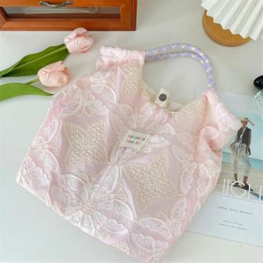 Imagem de Sacola de borboleta bordada, bolsa de ombro espaçosa com alça superior, bolsa feminina de grande capacidade, rosa, Bolsas de mão