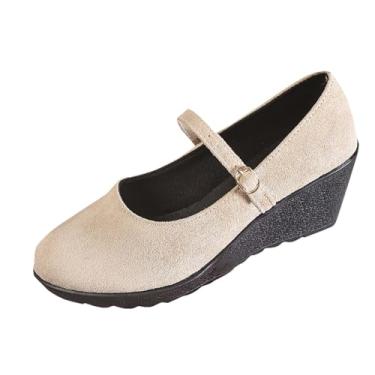 Imagem de Sapato feminino de bico redondo com bico grosso, boca rasa, casual e confortável, Bege, 36