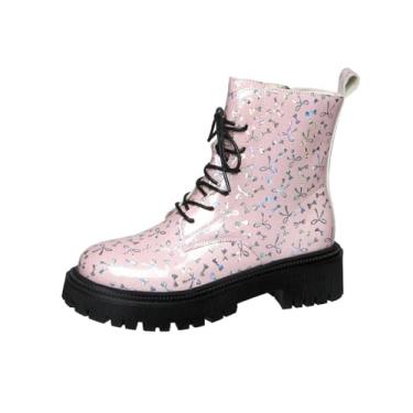 Imagem de Botas curtas femininas modernas casuais de inverno bico redondo estampado frontal com zíper lateral salto baixo botas no tornozelo, rosa, 34