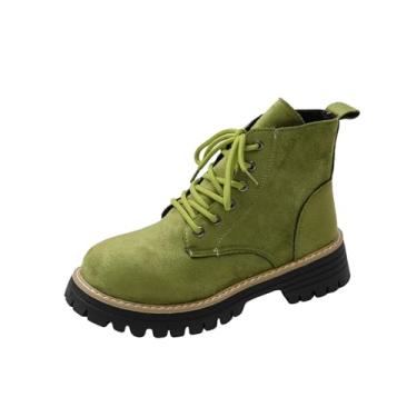 Imagem de Botas femininas curtas quentes forradas de lã bico redondo frontal cadarço salto baixo botas de cano baixo inverno casual, Verde menta, 35