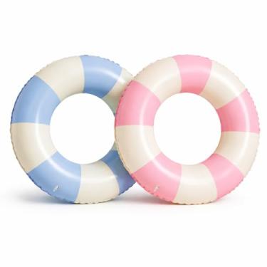 Imagem de Kit de 2 Boias Infláveis Circulares Listradas 100cm - Ideal para Natação, Piscinas e Praias, Lazer e Diversão para Família e Amigos (1 Rosa + 1 Azul,60cm (KIT COM 2))