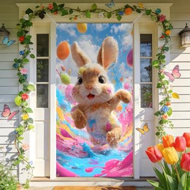 Imagem de BVBOX Decorações de faixa de páscoa 89,9 cm x 179,8 cm tecido tema de Páscoa capa de porta de primavera bem-vindo porta da frente pendurado decoração banner para suprimentos de decoração de festa de
