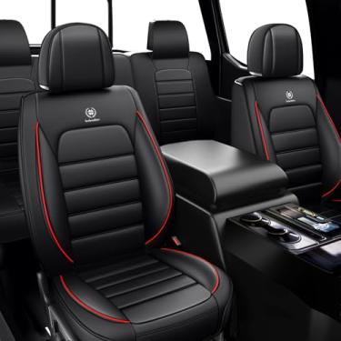 Imagem de ILMO Adequado para 98% das capas de assento de carro GMC, capa de assento de couro impermeável de cobertura total, capas de assento de airbag compatíveis (preto e vermelho, conjunto completo)