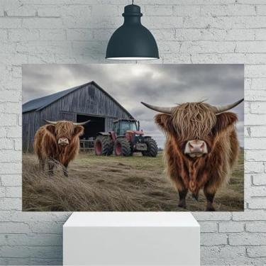 Imagem de Arte de parede em tela rústica vintage Highland Cattle Farm - Pôster sem moldura de 30 x 45 cm - Ideia de presente para decoração de casa e escritório para sala de estar, quarto, cozinha e café