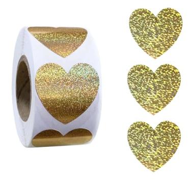Imagem de 500 pçs adesivos de coração dos namorados rolo dourado claro autoadesivo adesivos de cartão de presente de dia dos namorados adesivos metálicos brilhantes à prova d'água amor para decorações de