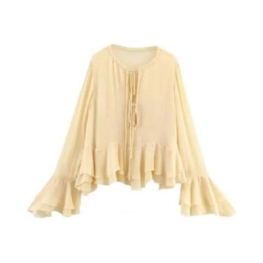 Imagem de Blusa Feminina Casual Chique Com Decote Redondo, Manga Longa Larga, La